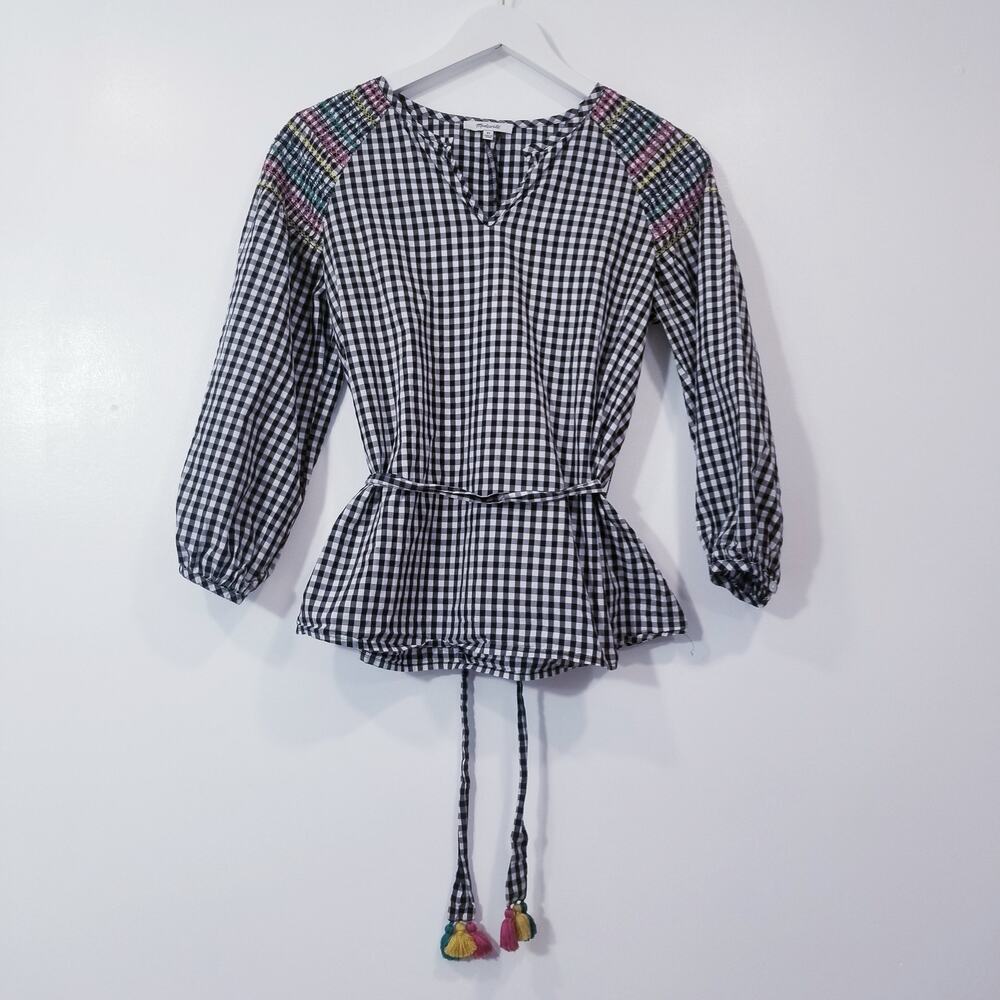 Madewell Plaid Embroidered Tassels Blouse